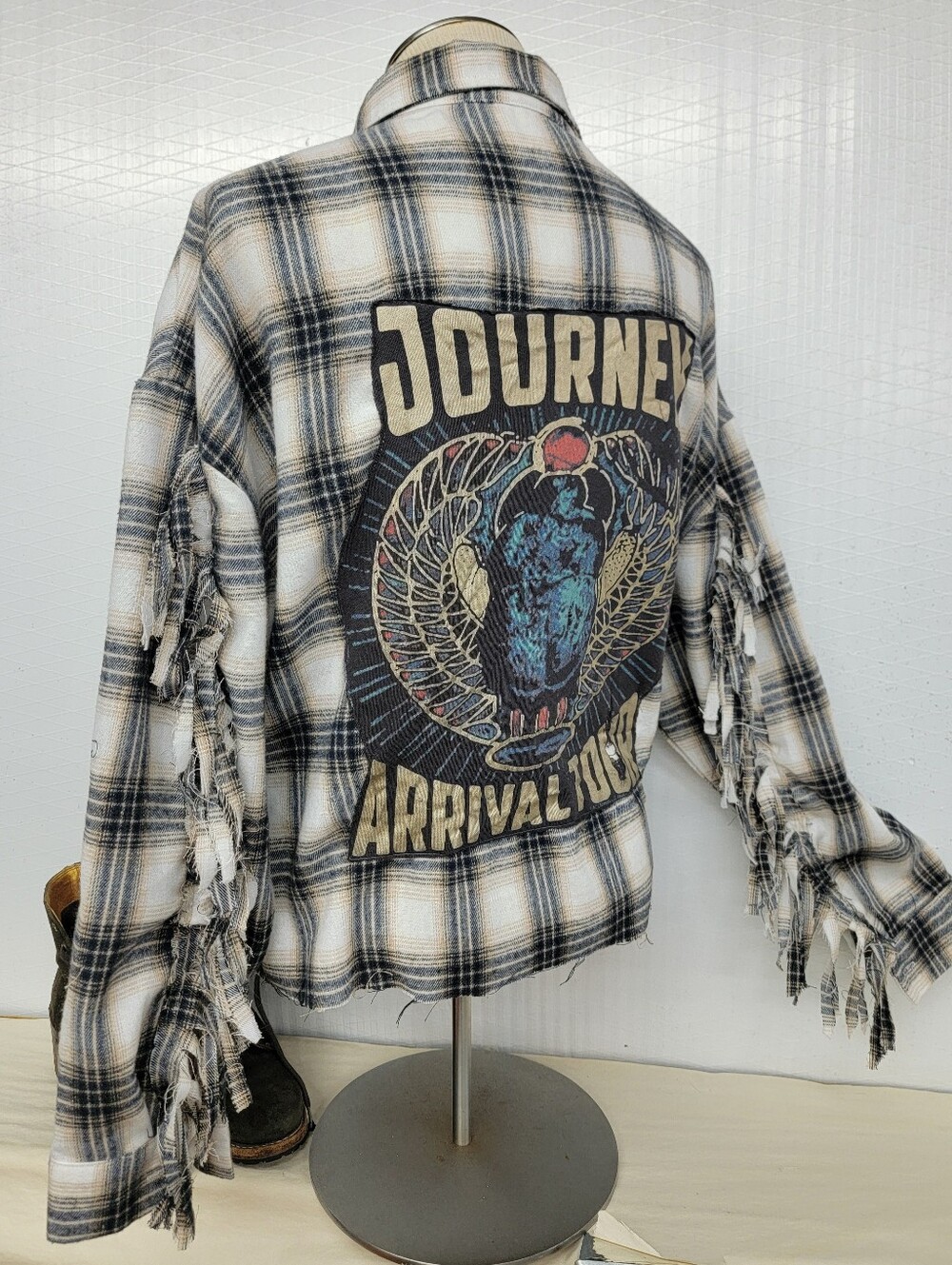 Journey 'Arrival Tour' Plaid Fringe Flannel Shirt  Jacket Shacket - Upcycled - Picture 3 of 9